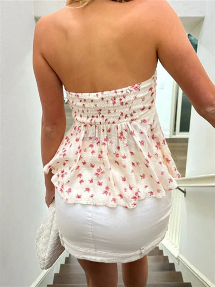 Emma’s Lace-Up Backless Floral Print Tube Top