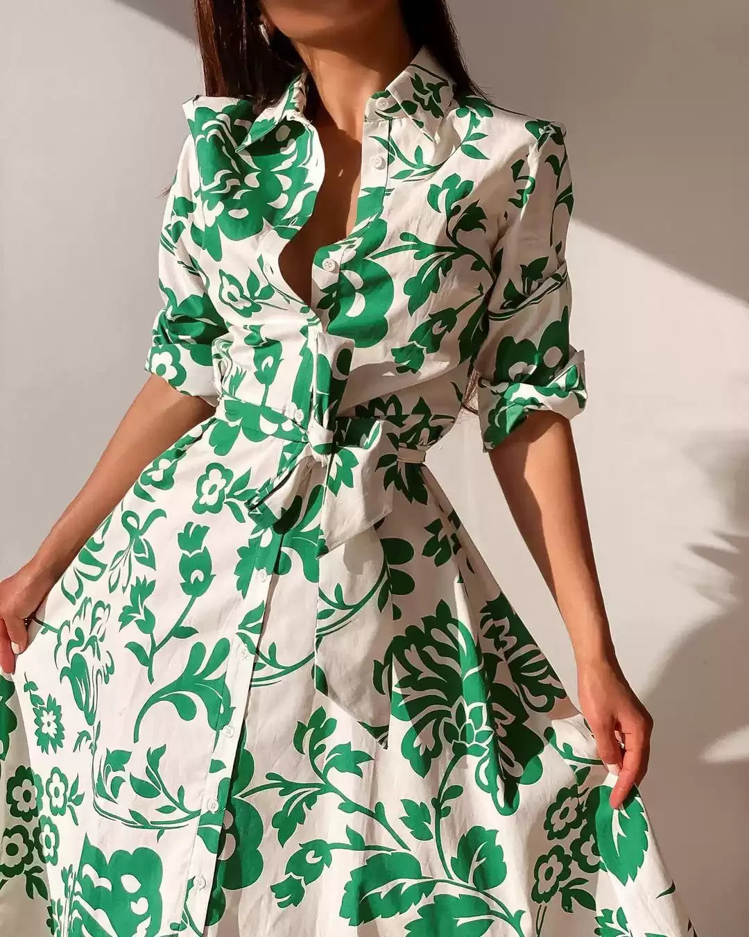 Cotton Printed Tie Waist Shirt Dress
