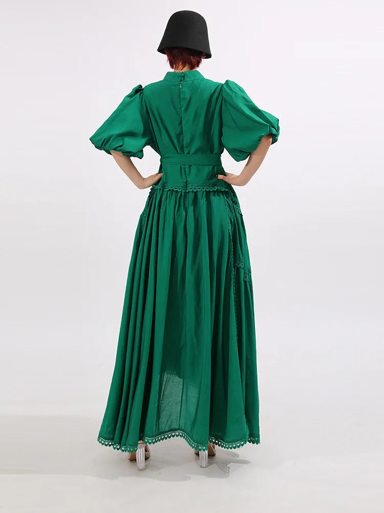 French ElegantLace Detail Notched Puff Sleeve Maxi Dress
