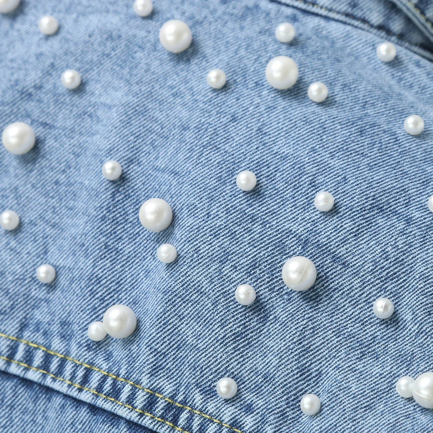 Full Size Pearl Detail Button Up Long Sleeve Denim Jacket Plus Size