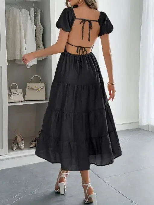 Backless Tiered Puff Sleeve Midi Dress