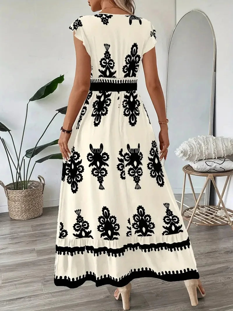 Printed V-Neck Ruffled Cap Sleeve Dress