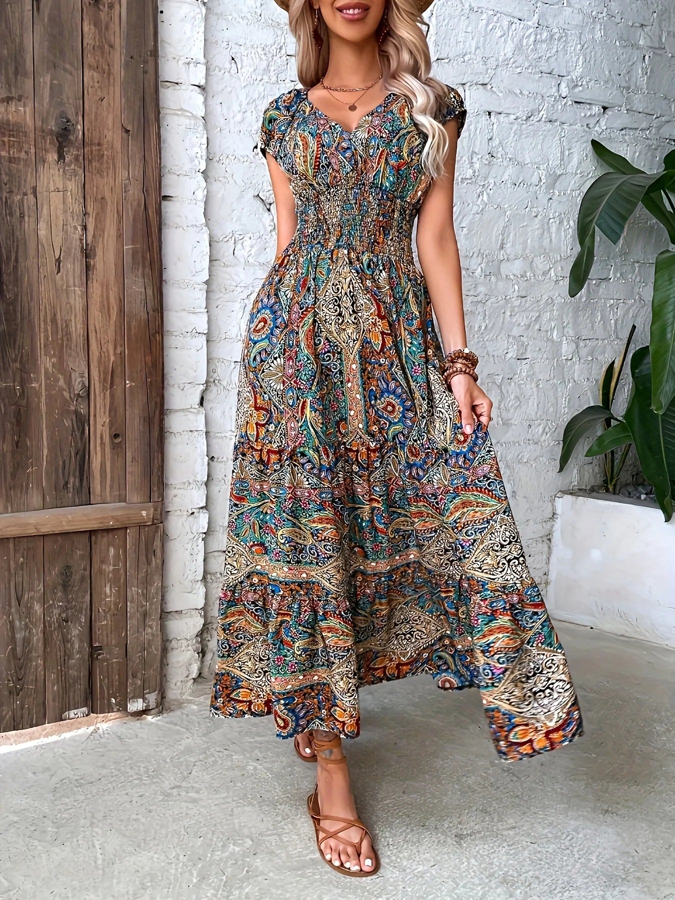 Printed V-Neck Cap Sleeve Dress