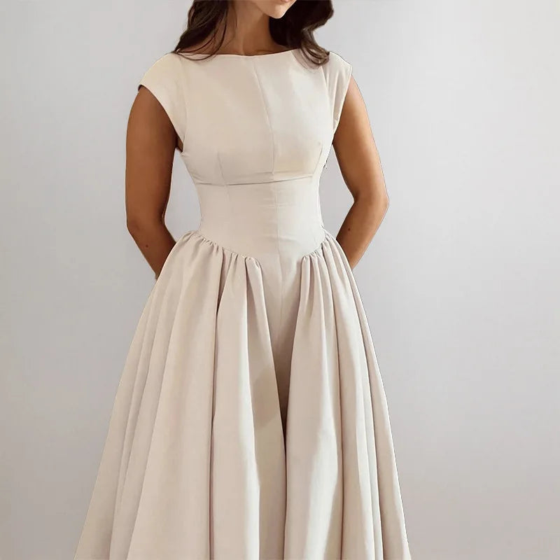 Elegant solid color waisted sleeveless maxi dress