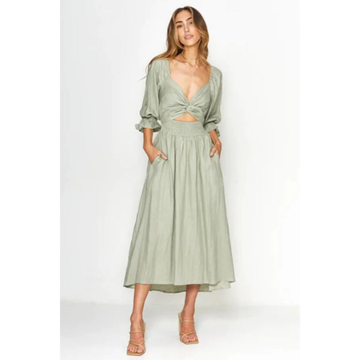 Smocked Tied Flounce Sleeve Midi Dress