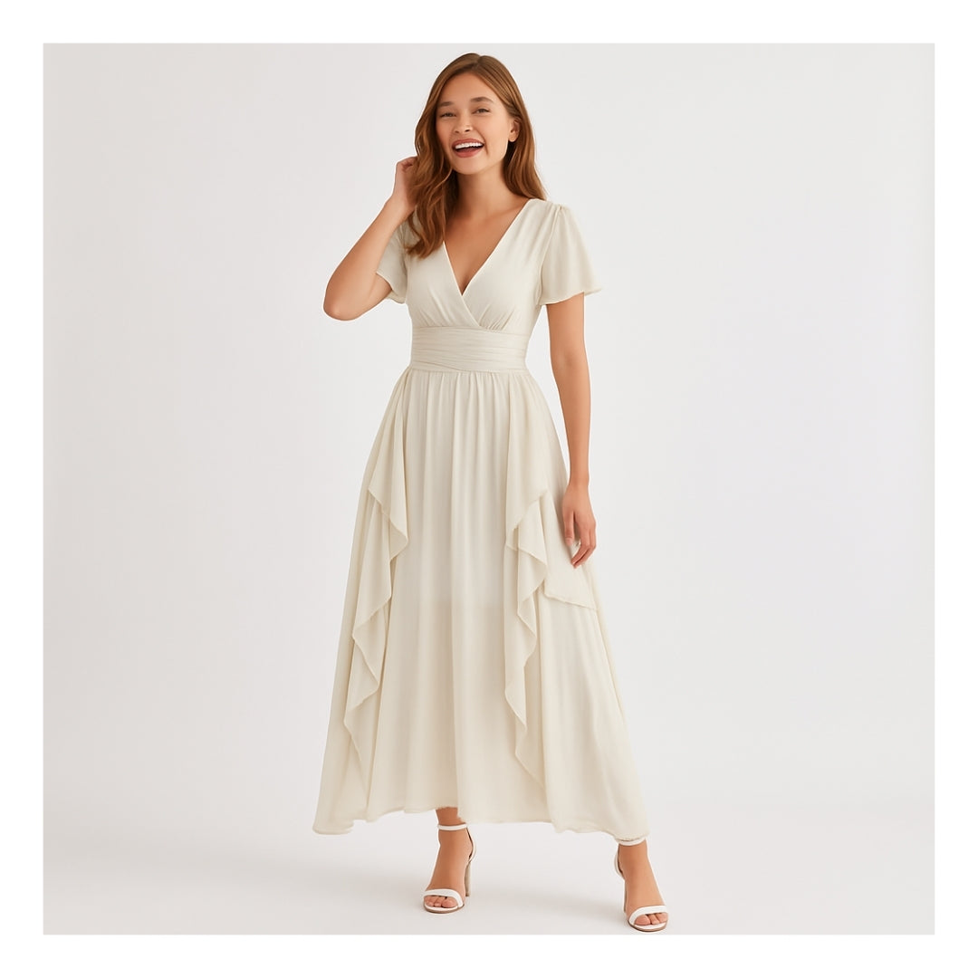 Elegant short-sleeved deep V long dress