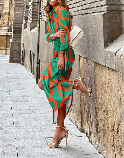 Printed Collared Neck Shirt Dress