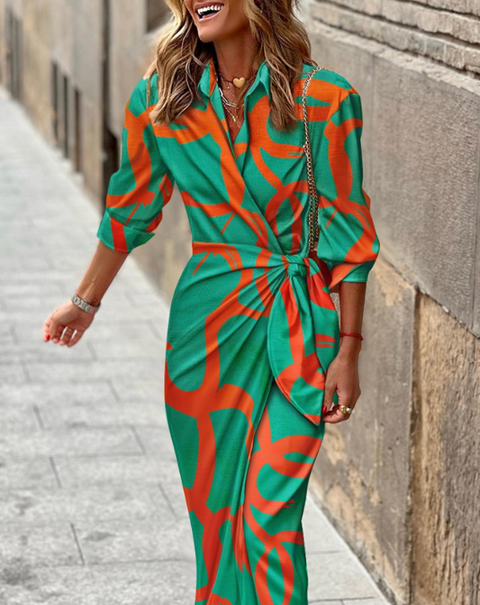 Printed Collared Neck Shirt Dress