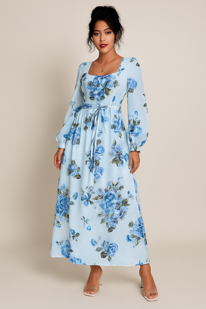 Elegant and simple printed ruffled long-sleeved dress