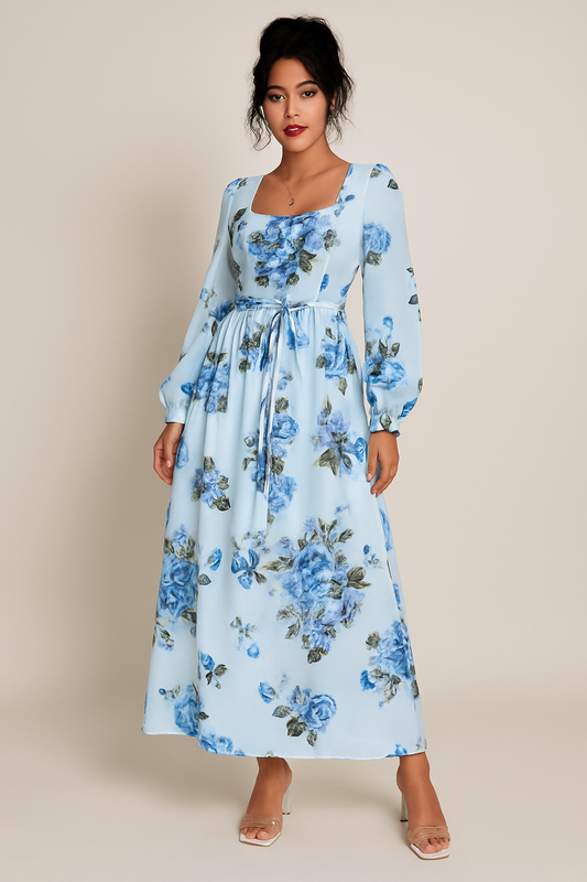 Elegant and simple printed ruffled long-sleeved dress
