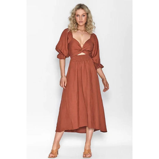 Smocked Tied Flounce Sleeve Midi Dress