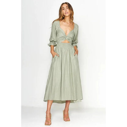 Smocked Tied Flounce Sleeve Midi Dress