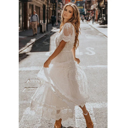 White Dotty Lace Mesh FLowy Maxi Dress