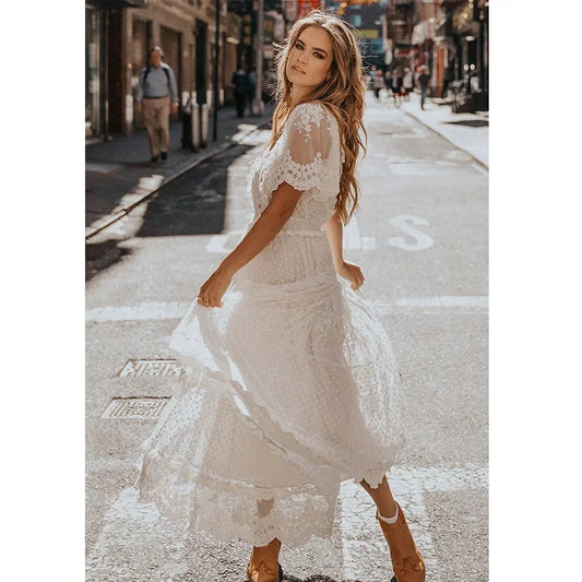White Dotty Lace Mesh FLowy Maxi Dress