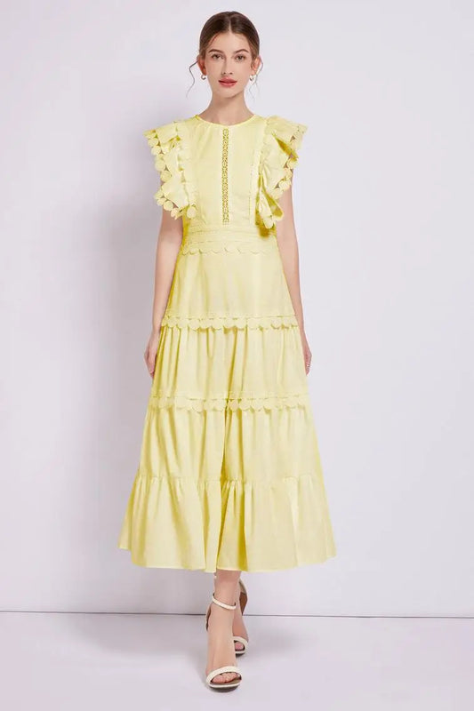 Sleeveless Ruffled Tiered Dress with Embroidered Trim