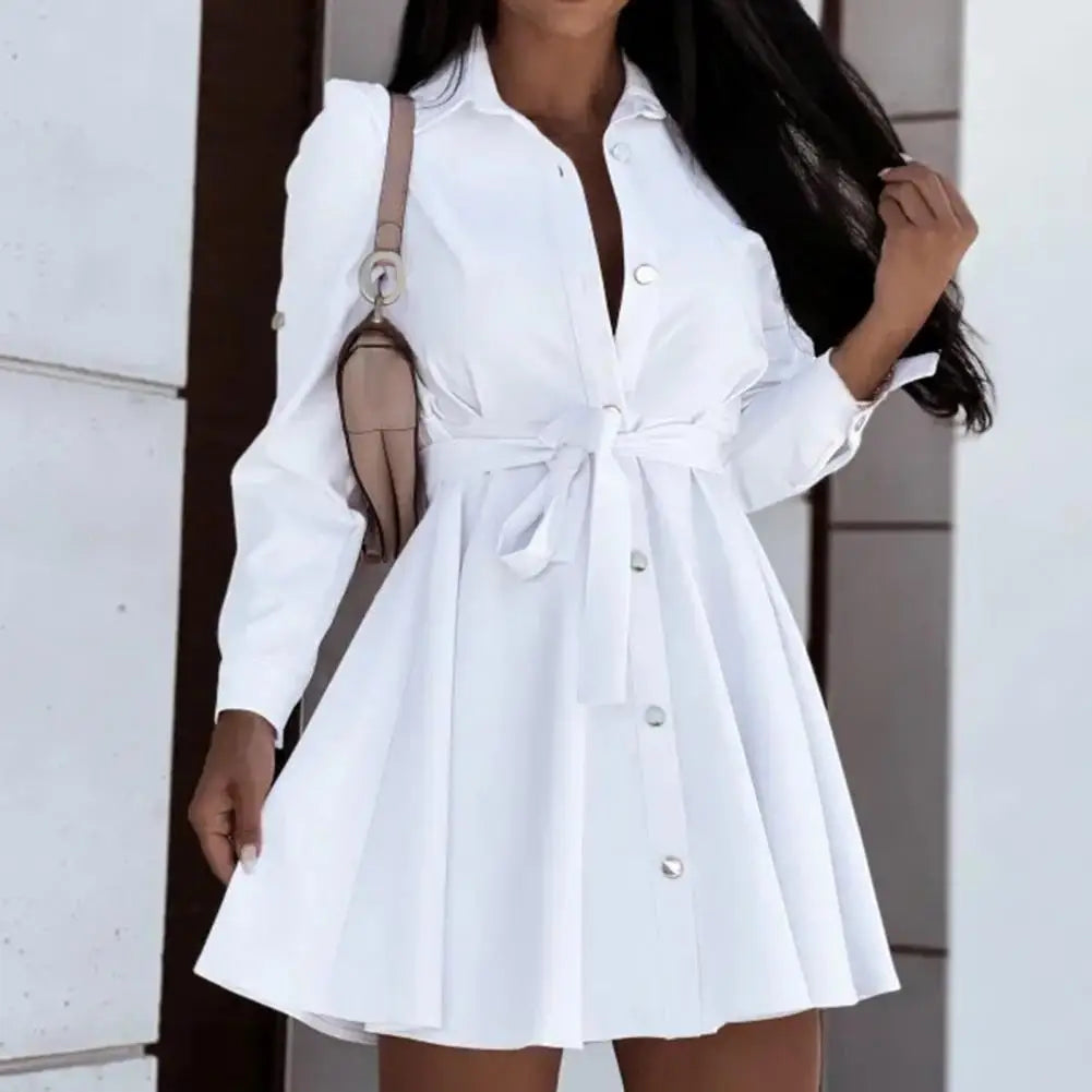 European and American lapel button tie shirt dress