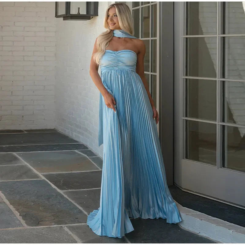 Ruched Pleated Tube Maxi Dress