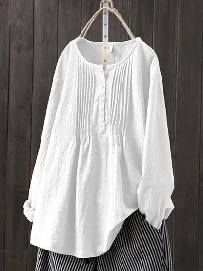 Cotton Linen Pleated Round Neck Long Sleeve Shirt