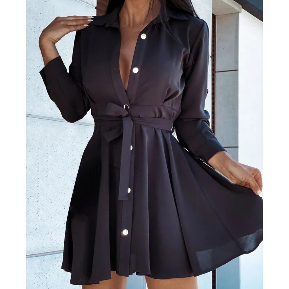 European and American lapel button tie shirt dress