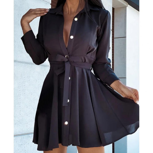 European and American lapel button tie shirt dress