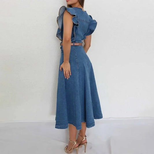 Button-Front Ruffle Sleeve Denim Midi Dress
