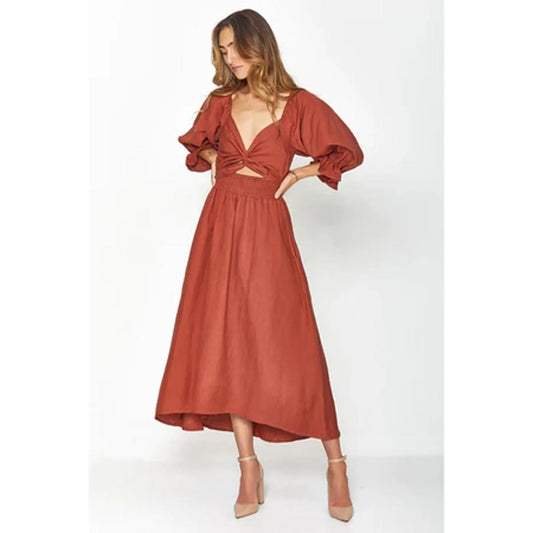 Smocked Tied Flounce Sleeve Midi Dress