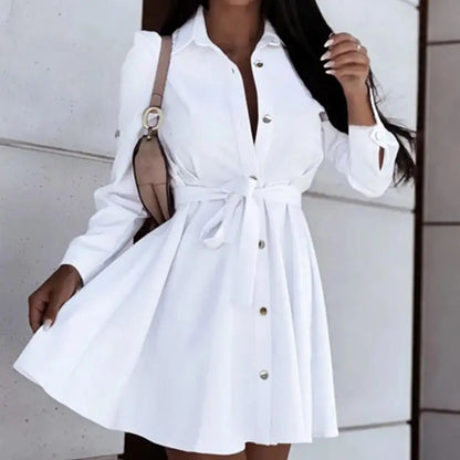 European and American lapel button tie shirt dress