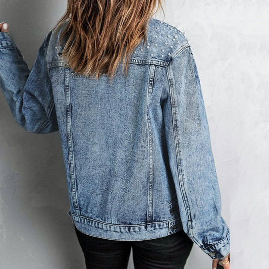 Full Size Pearl Detail Button Up Long Sleeve Denim Jacket Plus Size