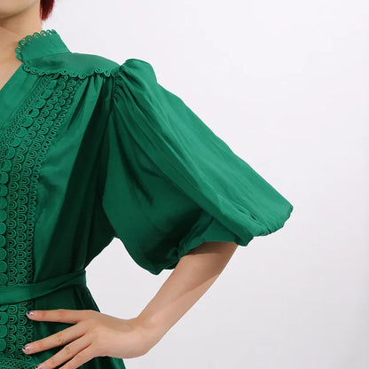 French ElegantLace Detail Notched Puff Sleeve Maxi Dress