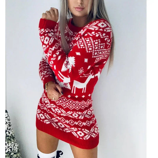 Christmas Element Round Neck Mini Sweater Dress