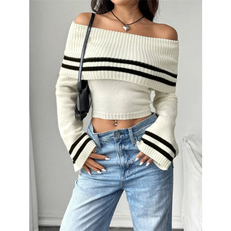 Ribbed Off-Shoulder Striped Knit Top