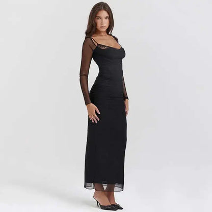 Lace Detail Long Sleeve Bodycon Maxi Dress