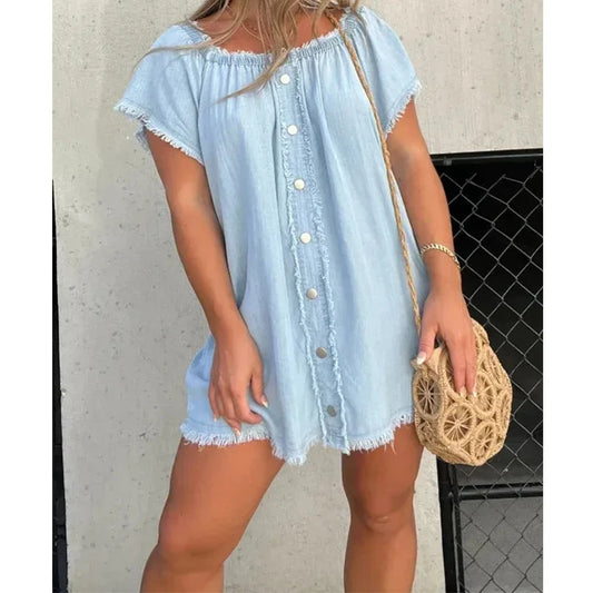 Full Size Raw Hem Mini Denim Dress Plus Size