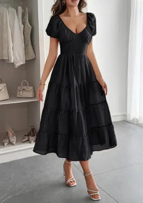 Backless Tiered Puff Sleeve Midi Dress