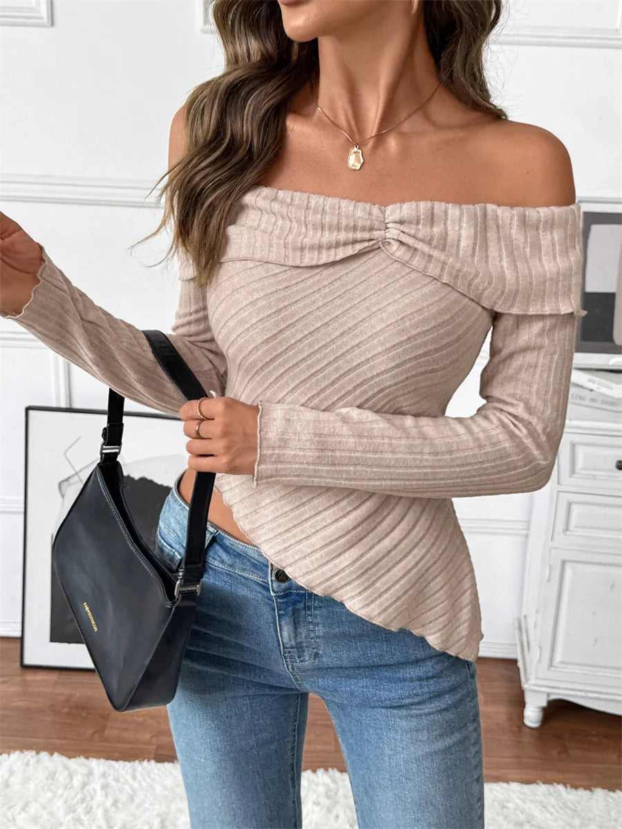 Long-Sleeved One-Shoulder Neckline Irregular Knitted T-Shirt