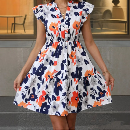 Printed Notched Neck Flutter Sleeve Mini Dress