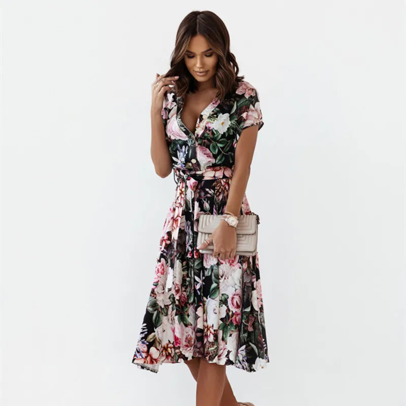 Floral Short Sleeve Midi Dress