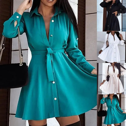 European and American lapel button tie shirt dress