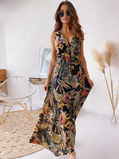 Leaf Print Sleeveless Maxi Dress