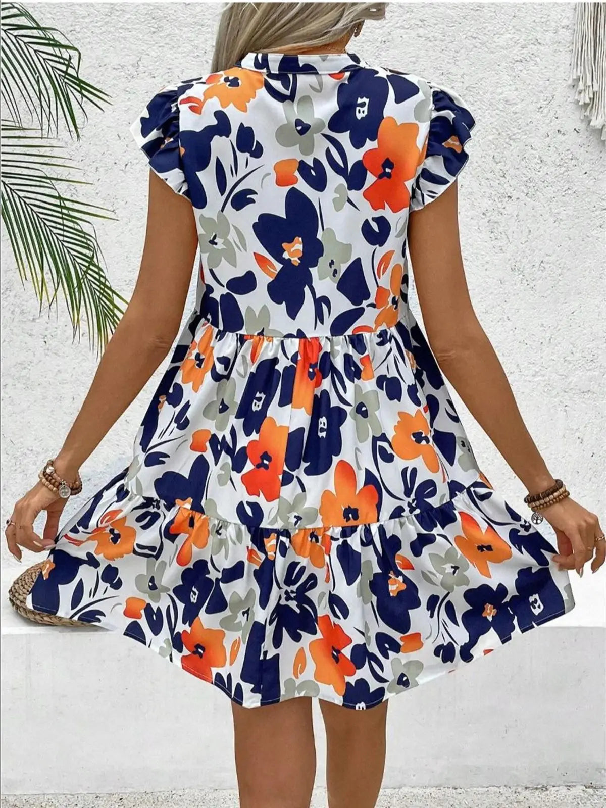 Printed Notched Neck Flutter Sleeve Mini Dress