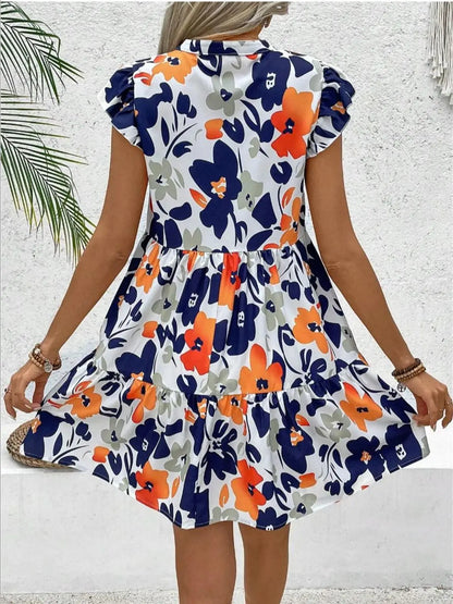 Printed Notched Neck Flutter Sleeve Mini Dress