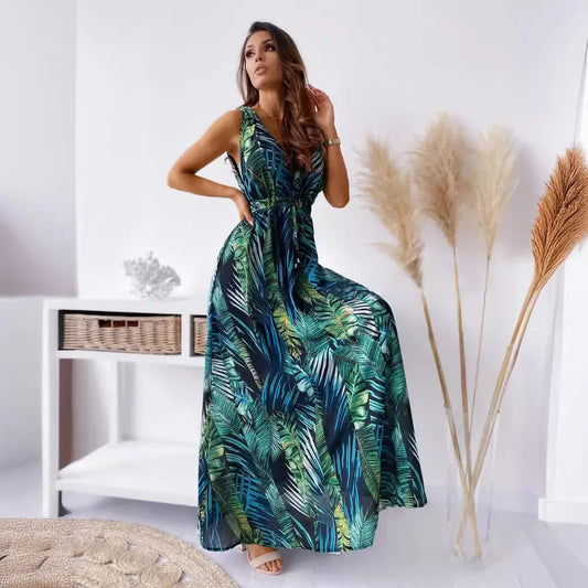 Leaf Print Sleeveless Maxi Dress