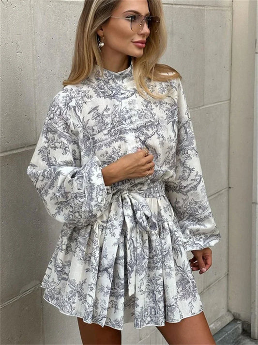 Printed Balloon Sleeve Tie Waist Dress