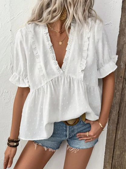 Swiss Dos Ruffled V-Neck Blouse