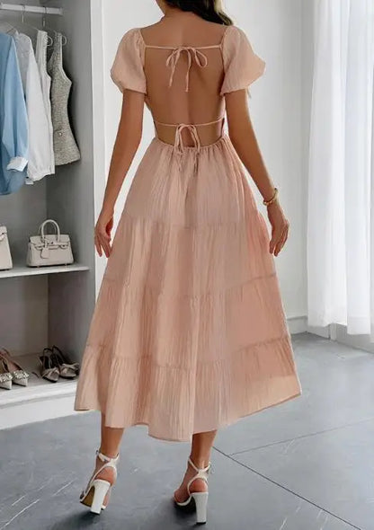 Backless Tiered Puff Sleeve Midi Dress