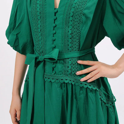 French ElegantLace Detail Notched Puff Sleeve Maxi Dress