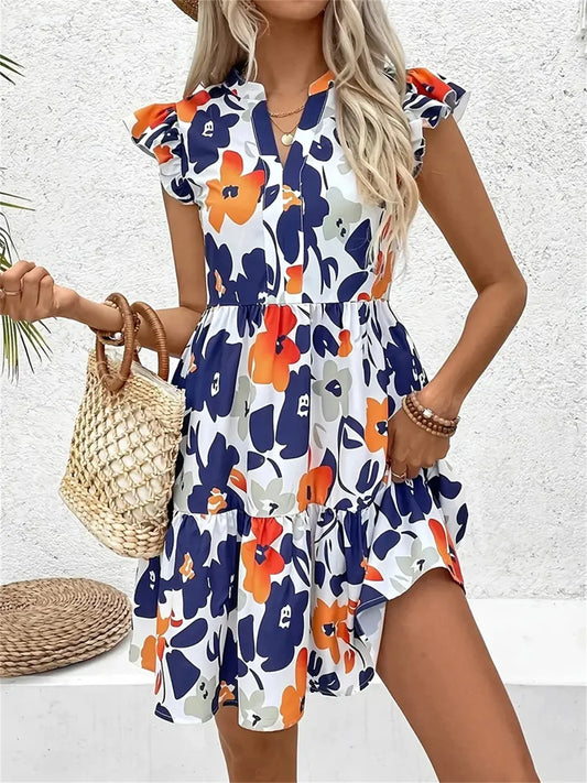 Printed Notched Neck Flutter Sleeve Mini Dress