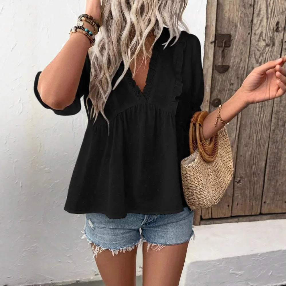 Swiss Dos Ruffled V-Neck Blouse