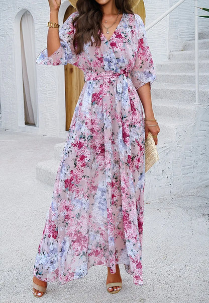 Holiday pink printed tie maxi dress
