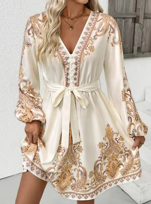 Elegant ethnic retro style V-neck paisley print dress